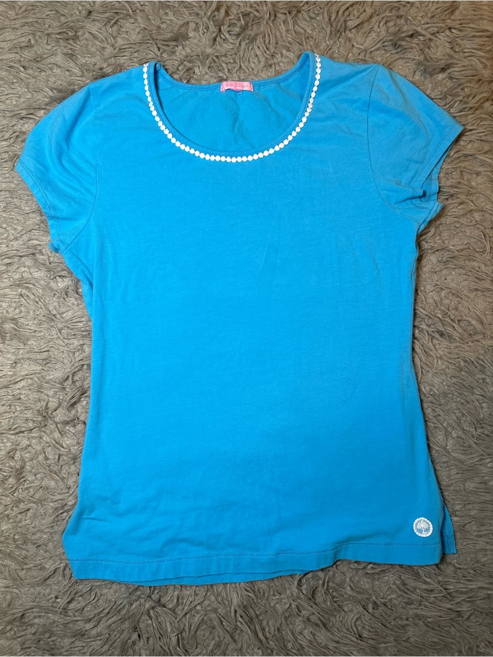 Bebe Turquoise Blue Lilly Pulitzer Embellished Neckline Short Sleeve Top - Picture 2 of 5